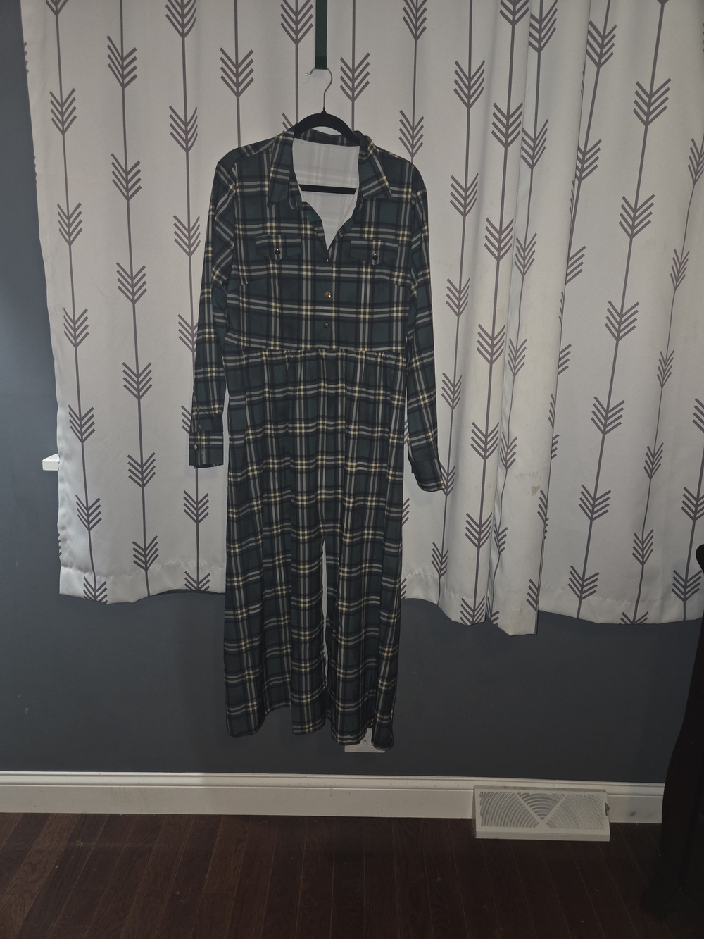 Plaid Long Sleeve Maxi Dress - Dark Green